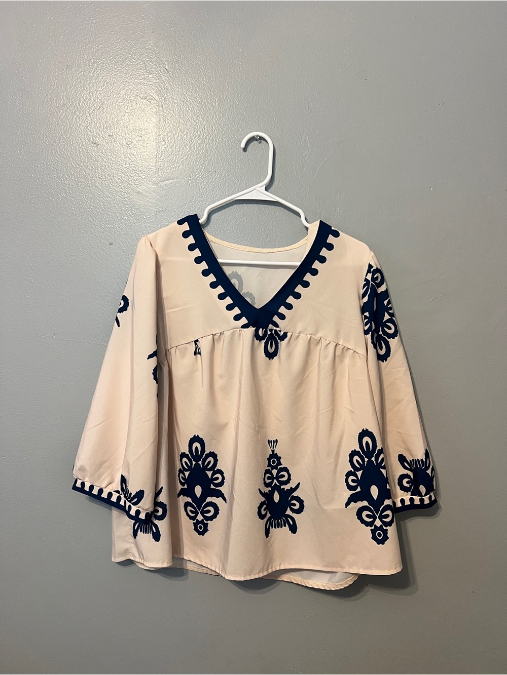 SHEIN Cream Tunic Top with Navy Embroidery